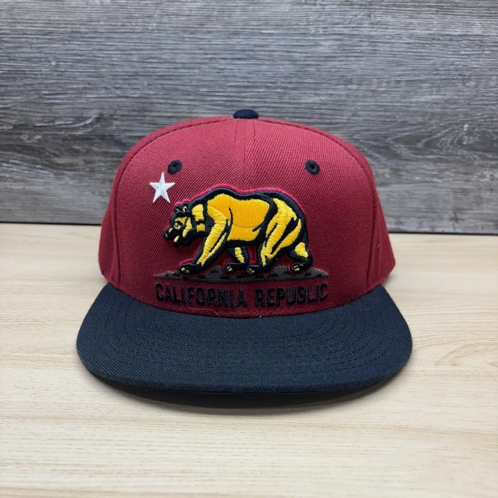California Republic Hat Cap Snap Back Maroon Black Bear Flag West Coast Souvenir